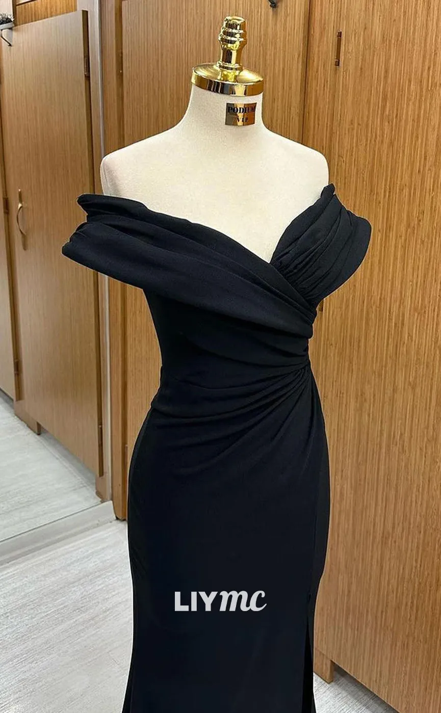 LP1338 -  Classic Mermaid Off-Shoulder Black Stain Ruched Long Prom Gown