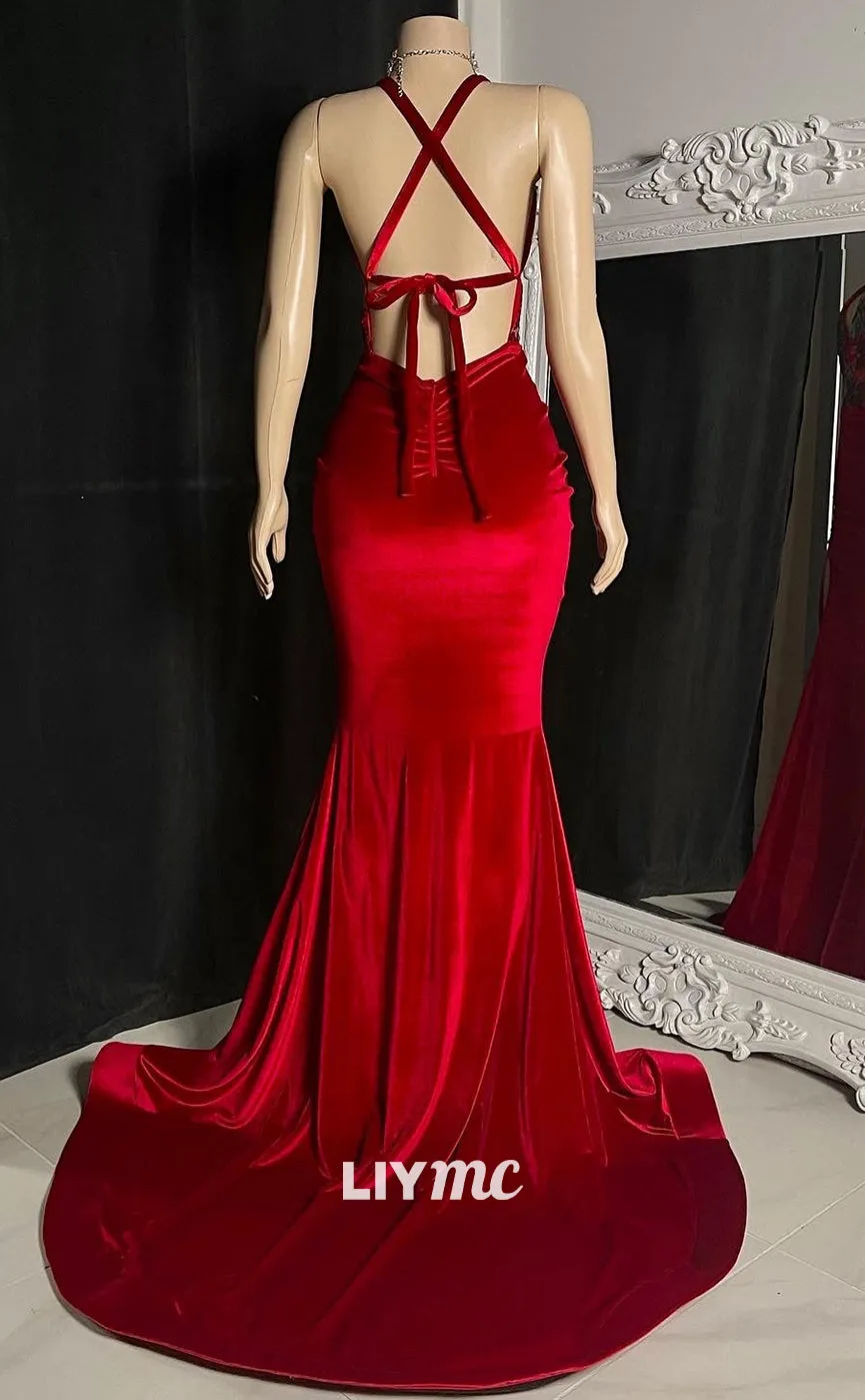 LP1409 - Sexy V-Neck Lace-Up Appliques Pleated Ruched Satin Mermaid Prom Dress for Black Girls