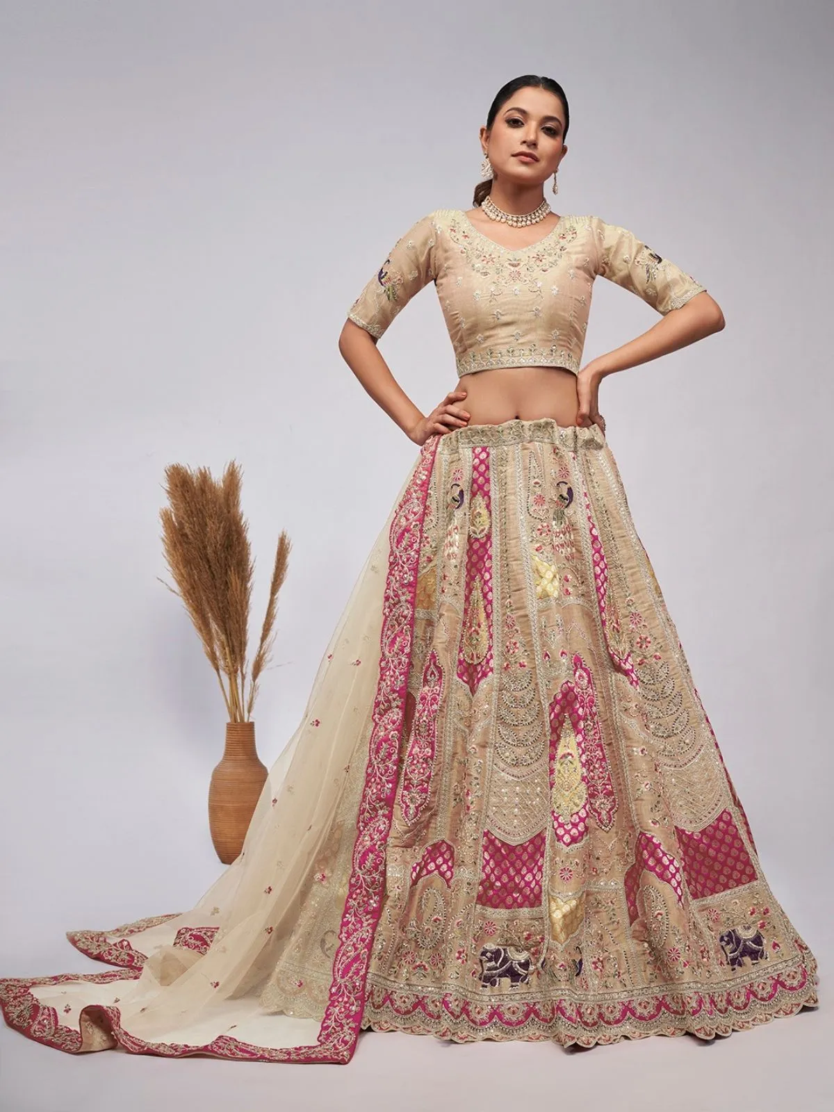 Odette Beige Silk Blend Embellished Semi Stitched Lehenga With Unstitched Blouse For Women