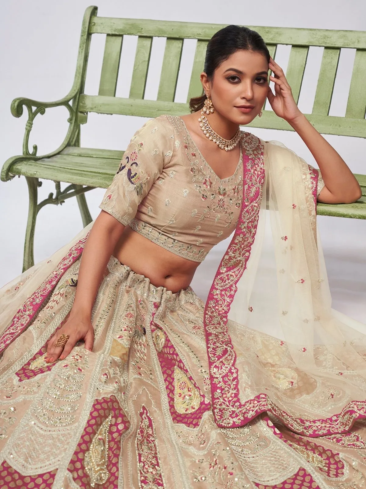 Odette Beige Silk Blend Embellished Semi Stitched Lehenga With Unstitched Blouse For Women