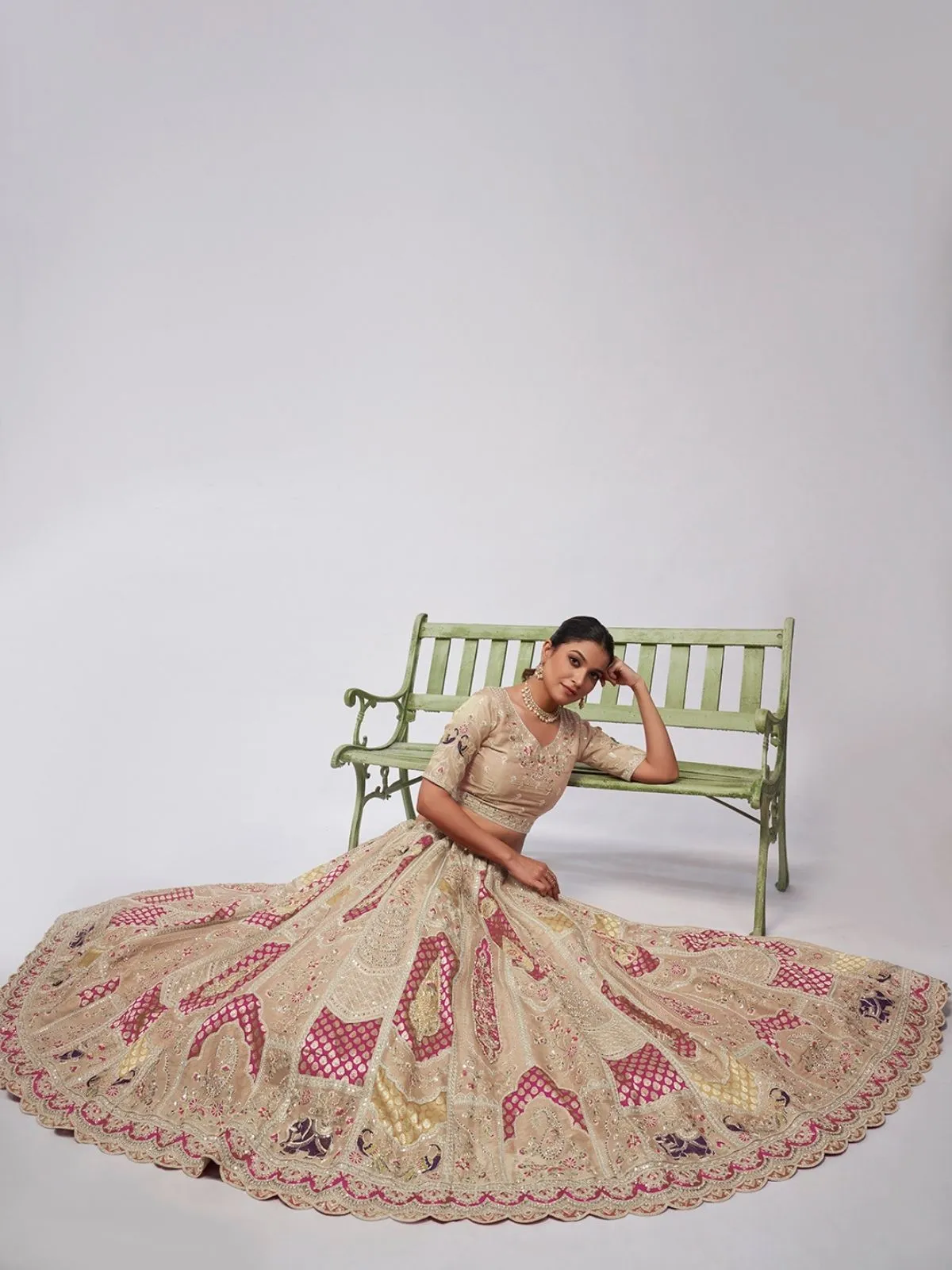 Odette Beige Silk Blend Embellished Semi Stitched Lehenga With Unstitched Blouse For Women