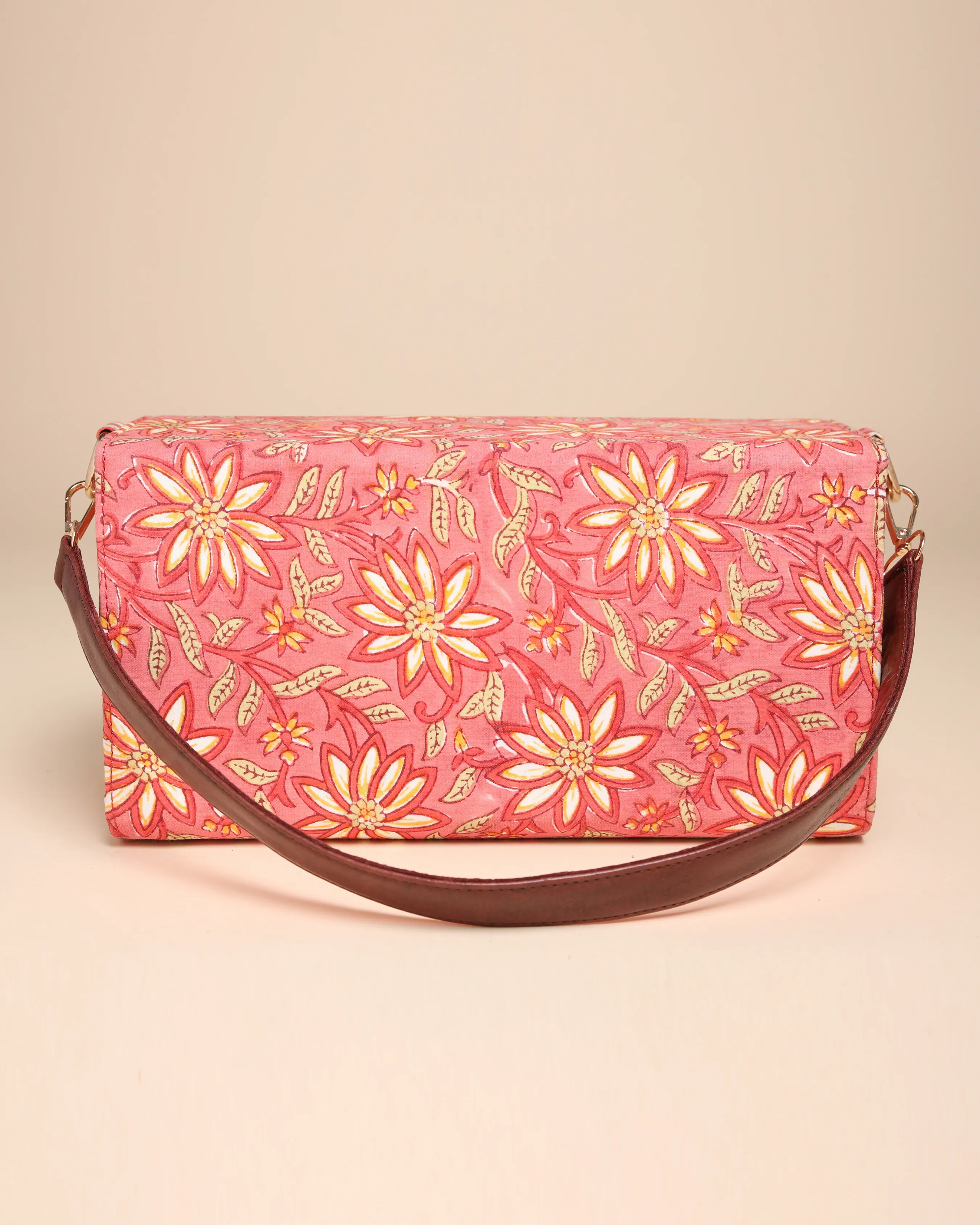 Peach Floral Handblock Printed Satchel Bag