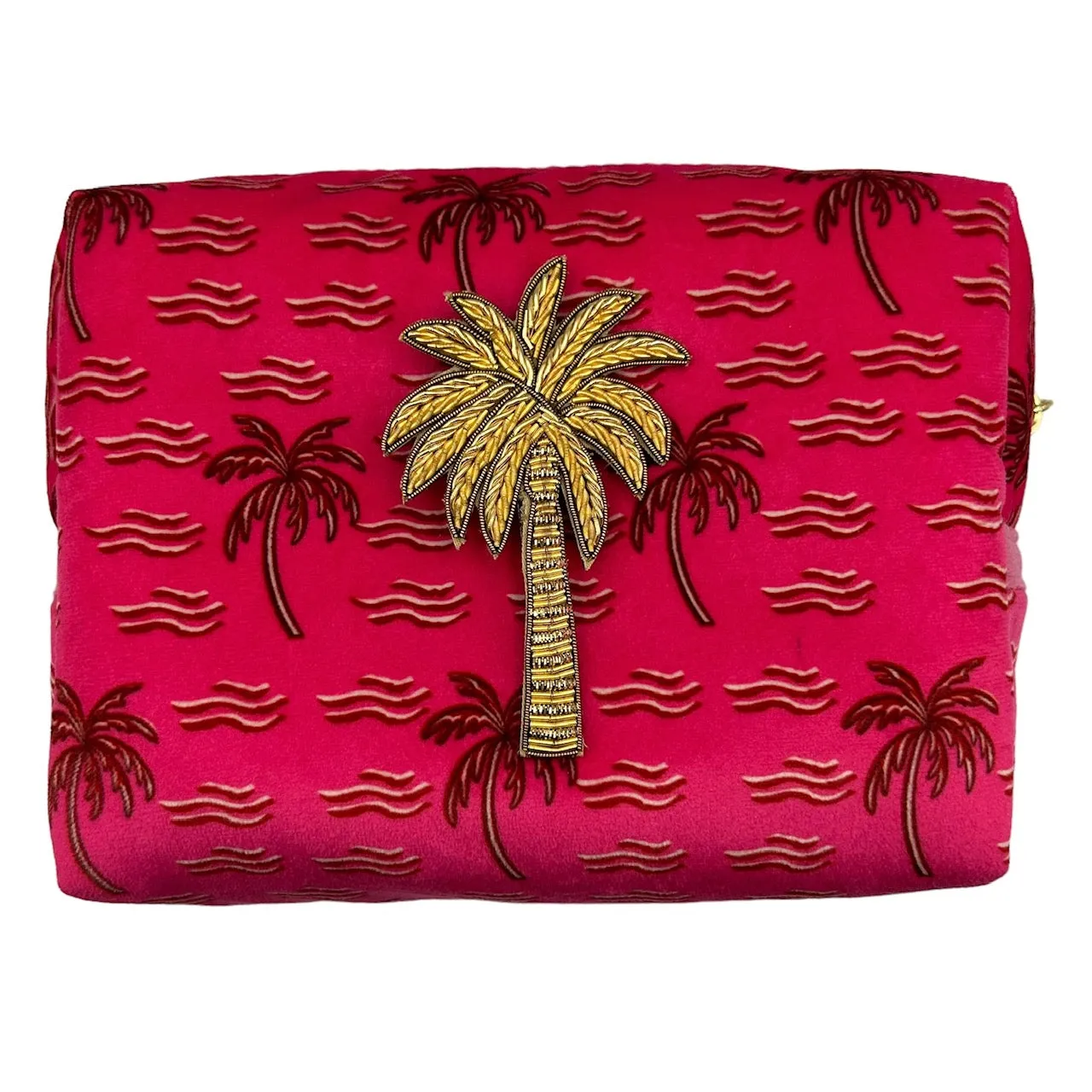 Pink palm tree make-up bag & palm brooch - recycled velvet, large and small