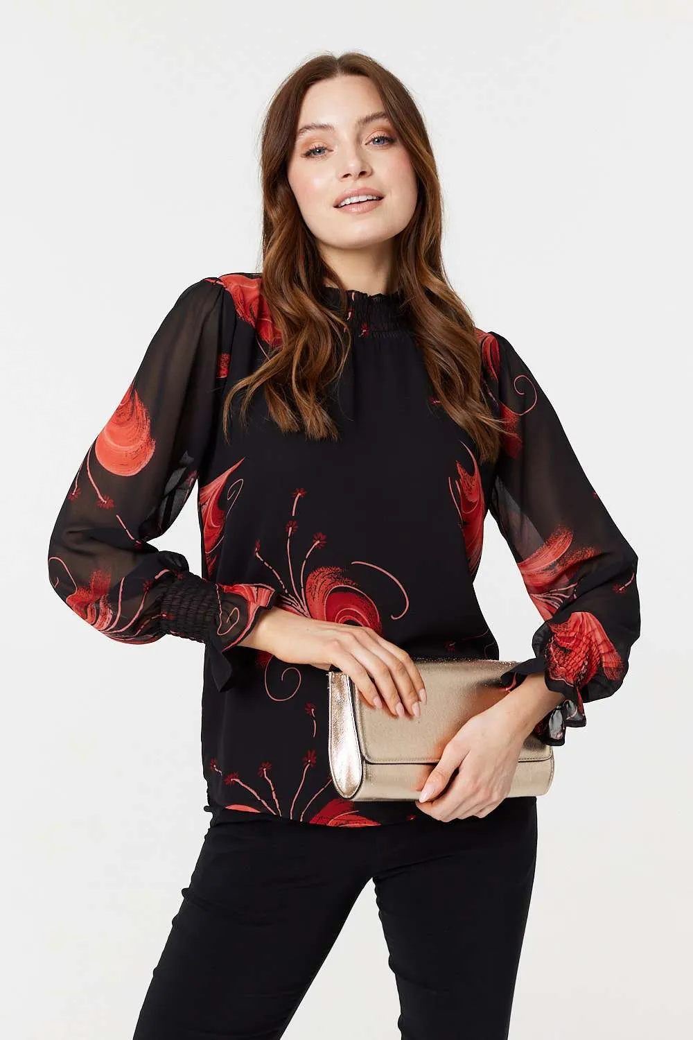 Printed High Neck Sheer Blouse