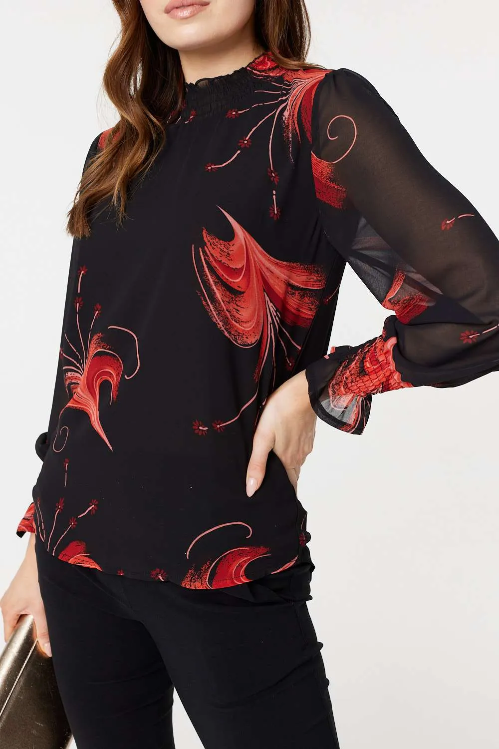 Printed High Neck Sheer Blouse