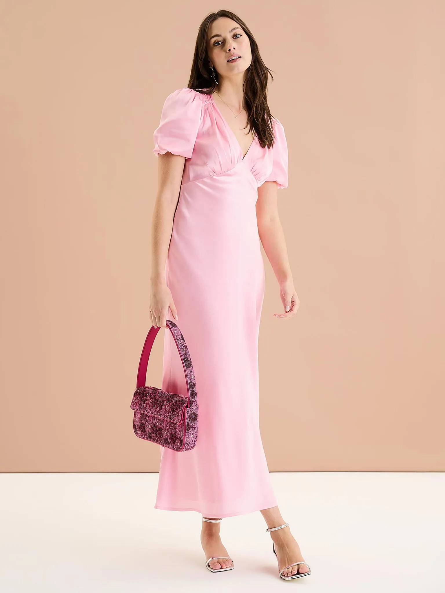 Rosie Ruched Puff Sleeve Dress in Pink