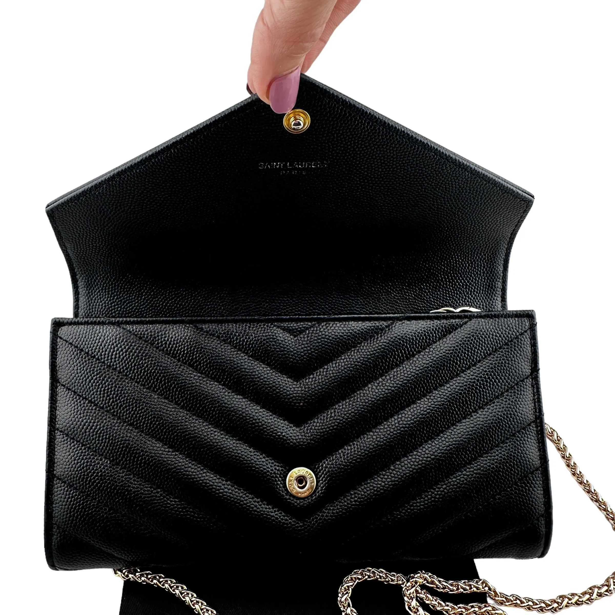 Saint Laurent Cassandra YSL Chevron Clutch in Grain de Poudre with Generic Chain