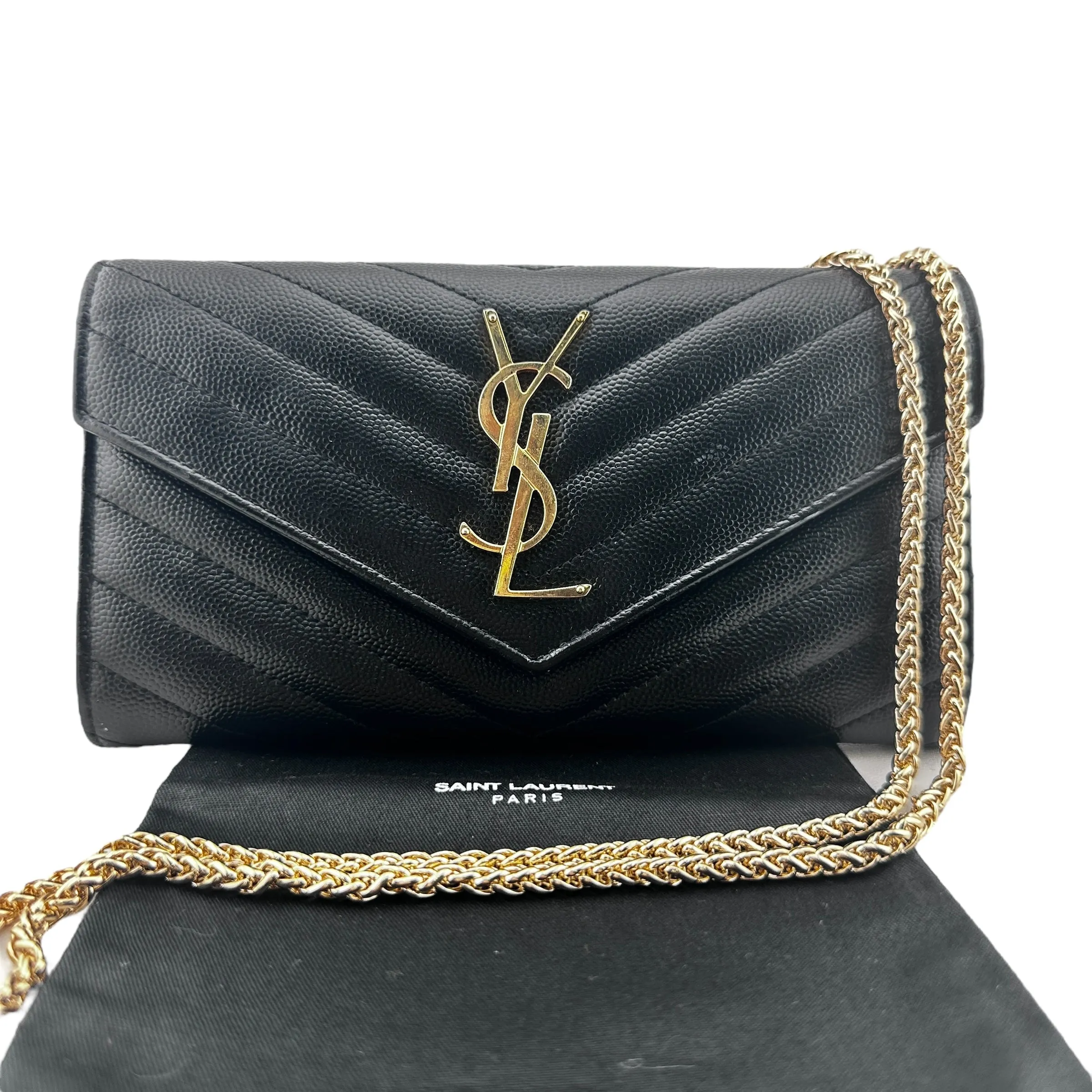 Saint Laurent Cassandra YSL Chevron Clutch in Grain de Poudre with Generic Chain