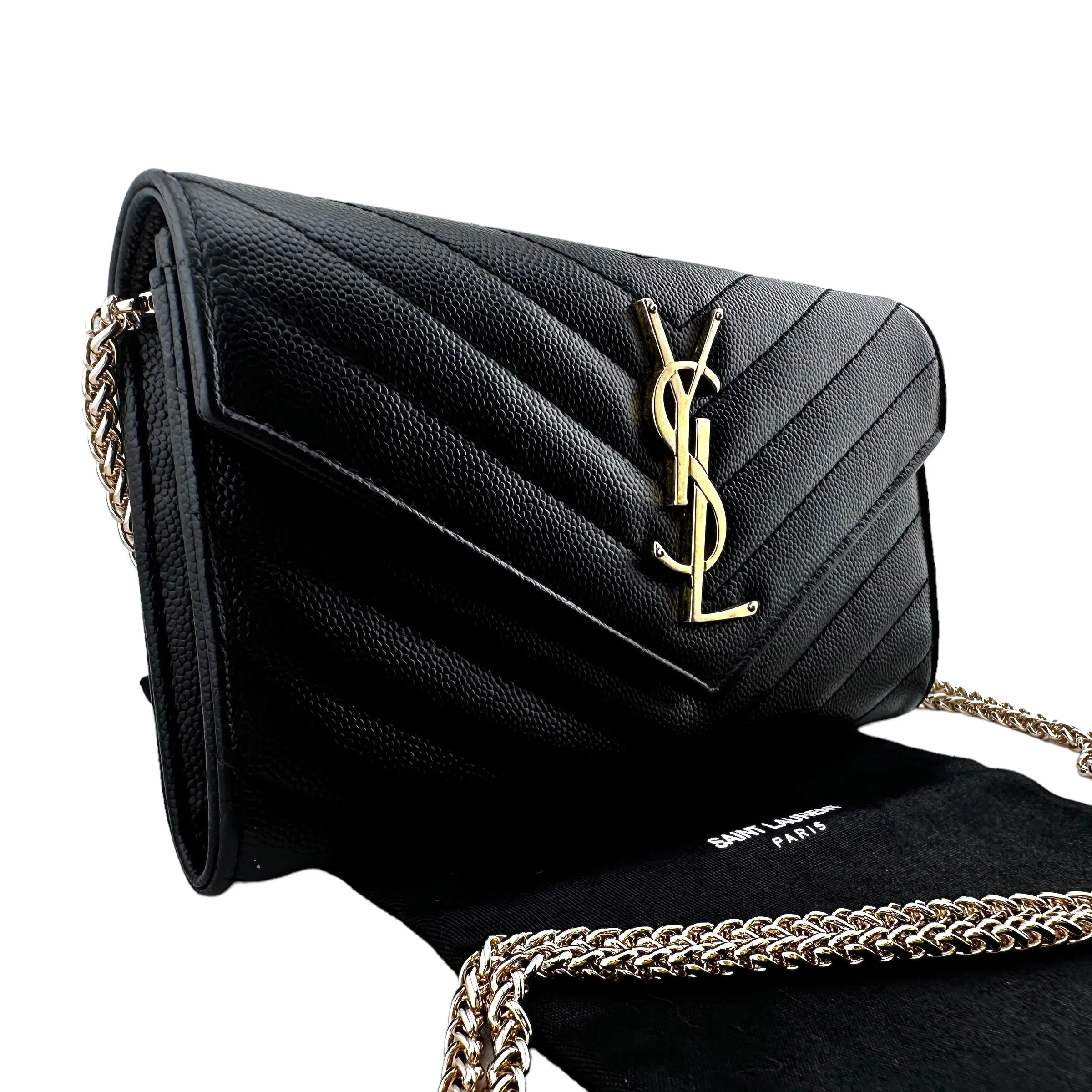 Saint Laurent Cassandra YSL Chevron Clutch in Grain de Poudre with Generic Chain