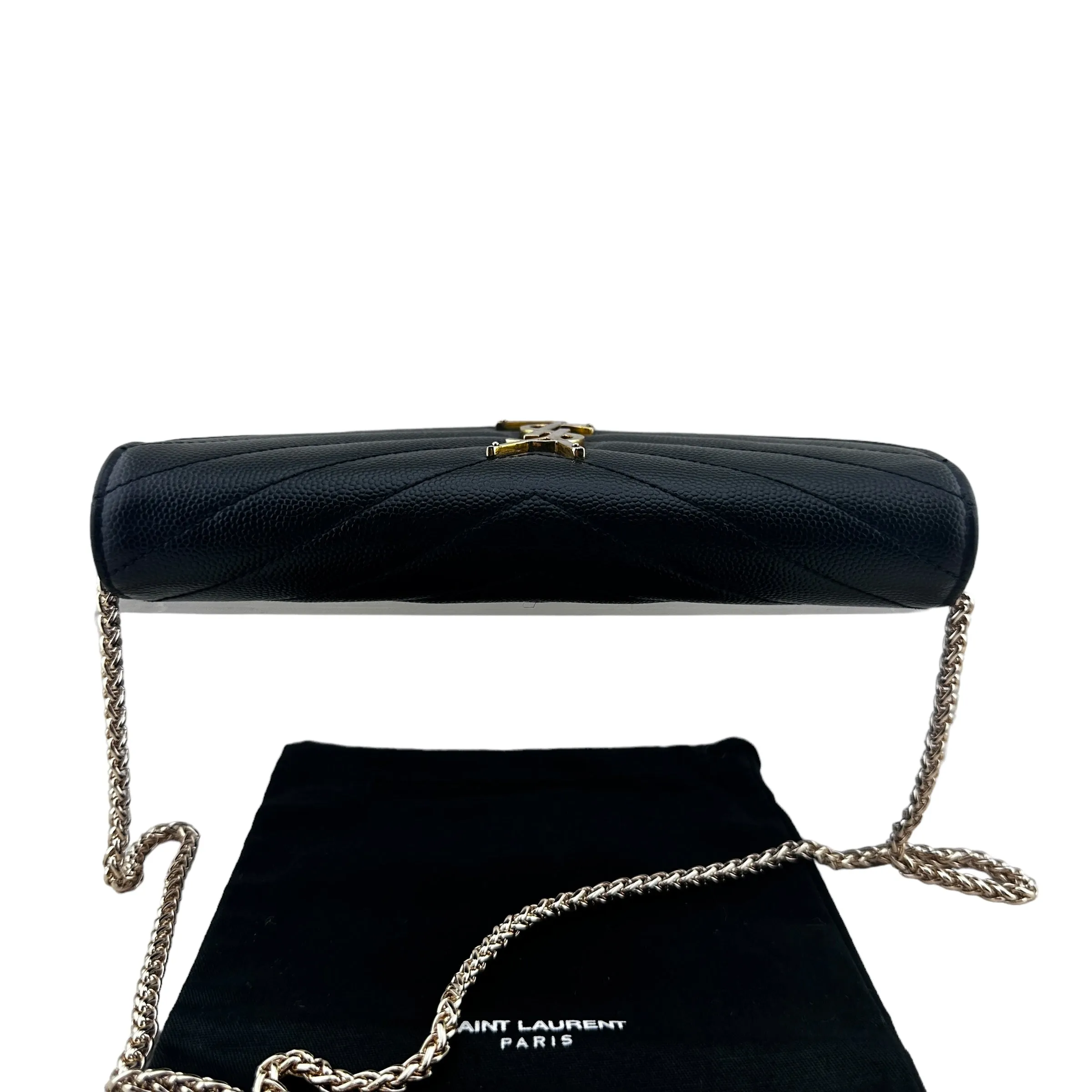 Saint Laurent Cassandra YSL Chevron Clutch in Grain de Poudre with Generic Chain