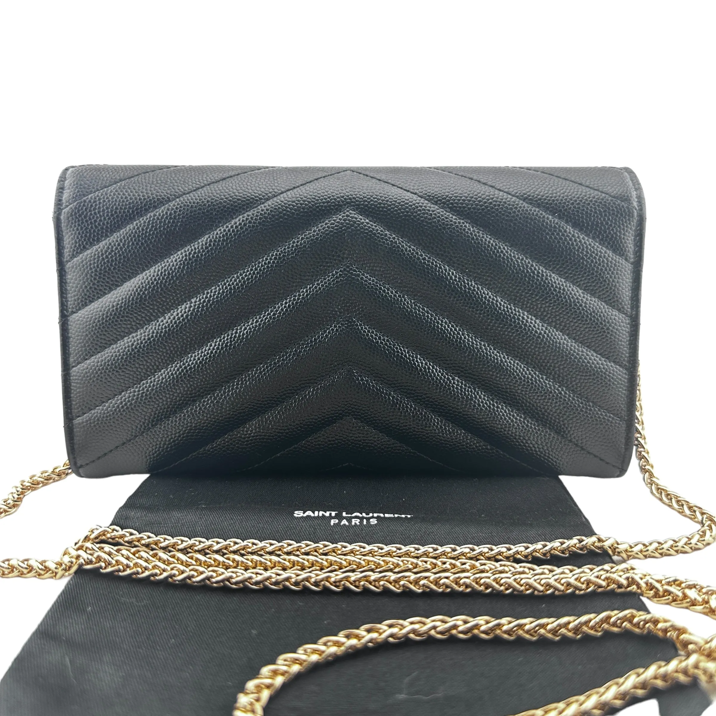 Saint Laurent Cassandra YSL Chevron Clutch in Grain de Poudre with Generic Chain