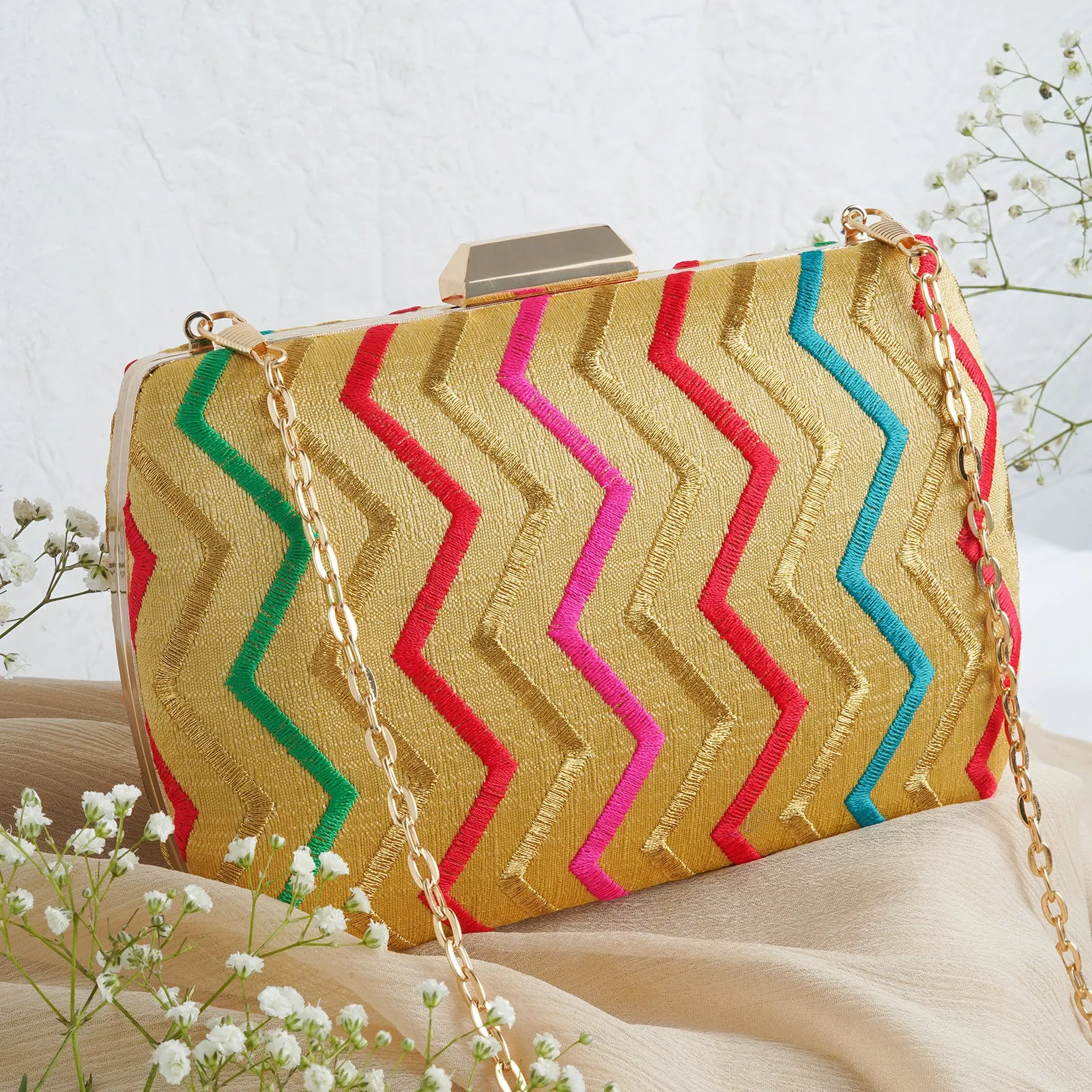 Satrangi Re Gold Embroidered Fabric Clutch