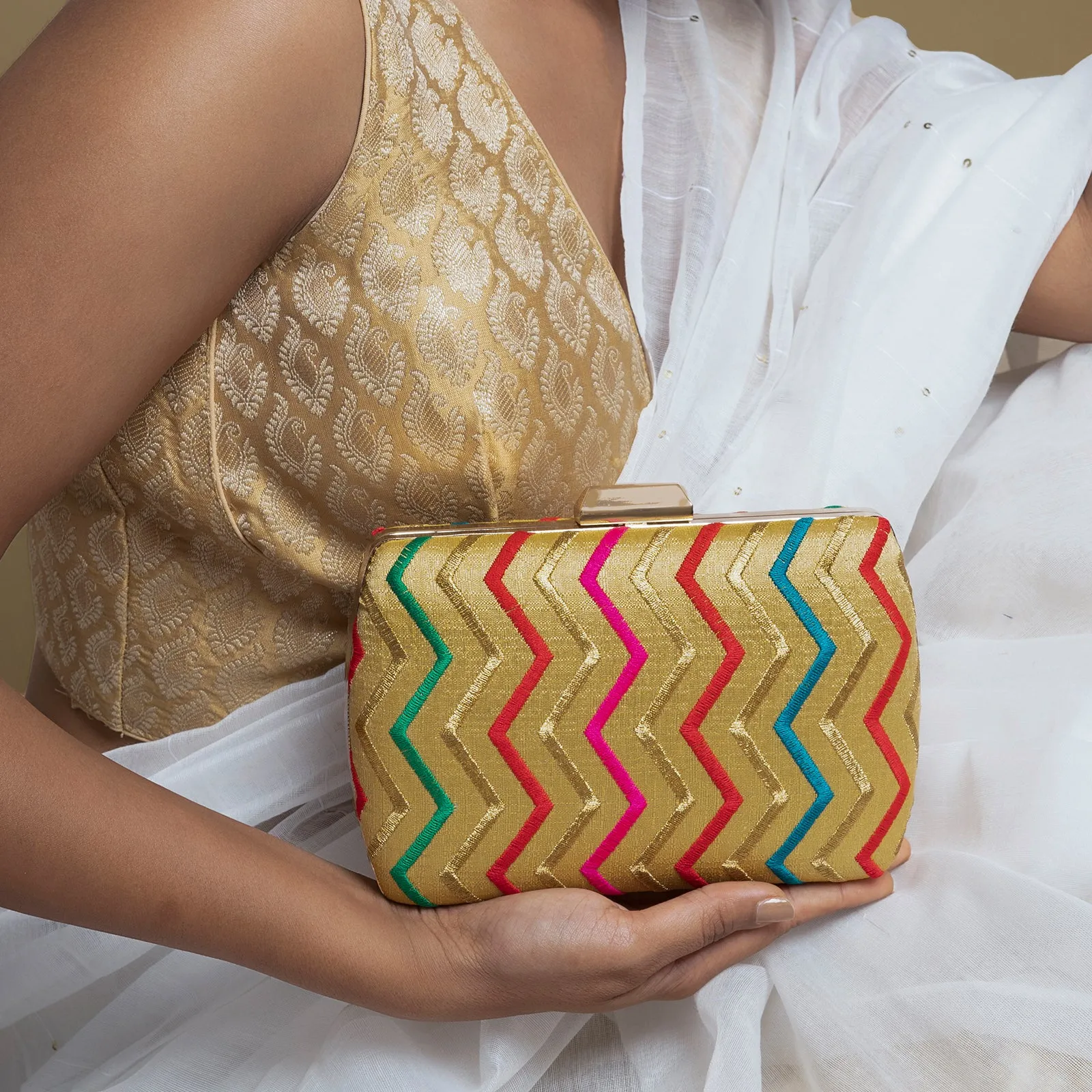 Satrangi Re Gold Embroidered Fabric Clutch