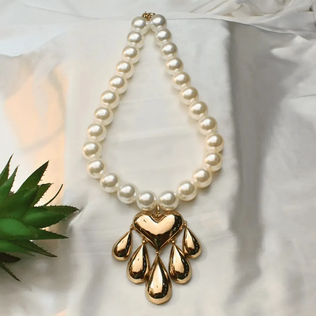 TFC Bold Heart Pearl Drop Gold Plated Necklace