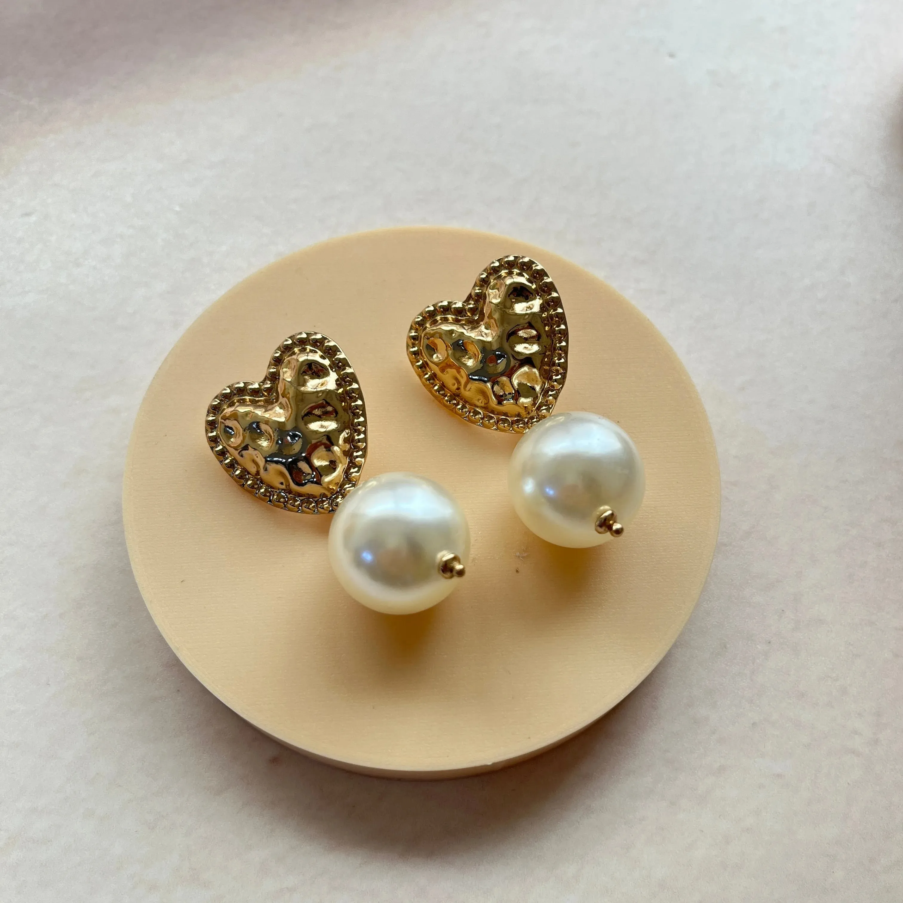 TFC Bold Mashed Heart Pearl Gold Plated Dangler Earrings